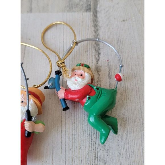 Hallmark Santa Claus 1988 fishing Fisher mistletoe 1991 ornament Xmas set - Picture 3 of 7